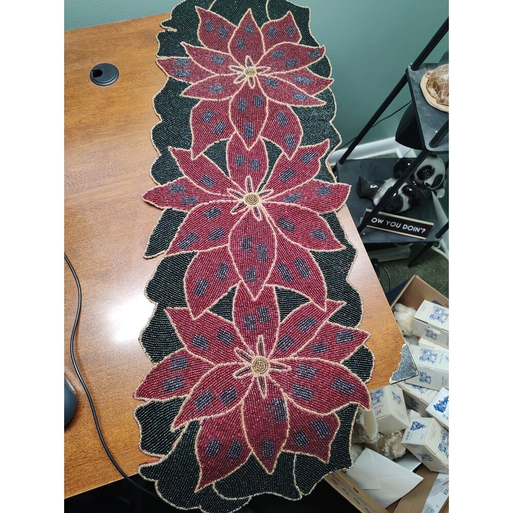 Vintage Beaded Table Runner Poinsettia Satin Backing Christmas Tableware 36"x13"